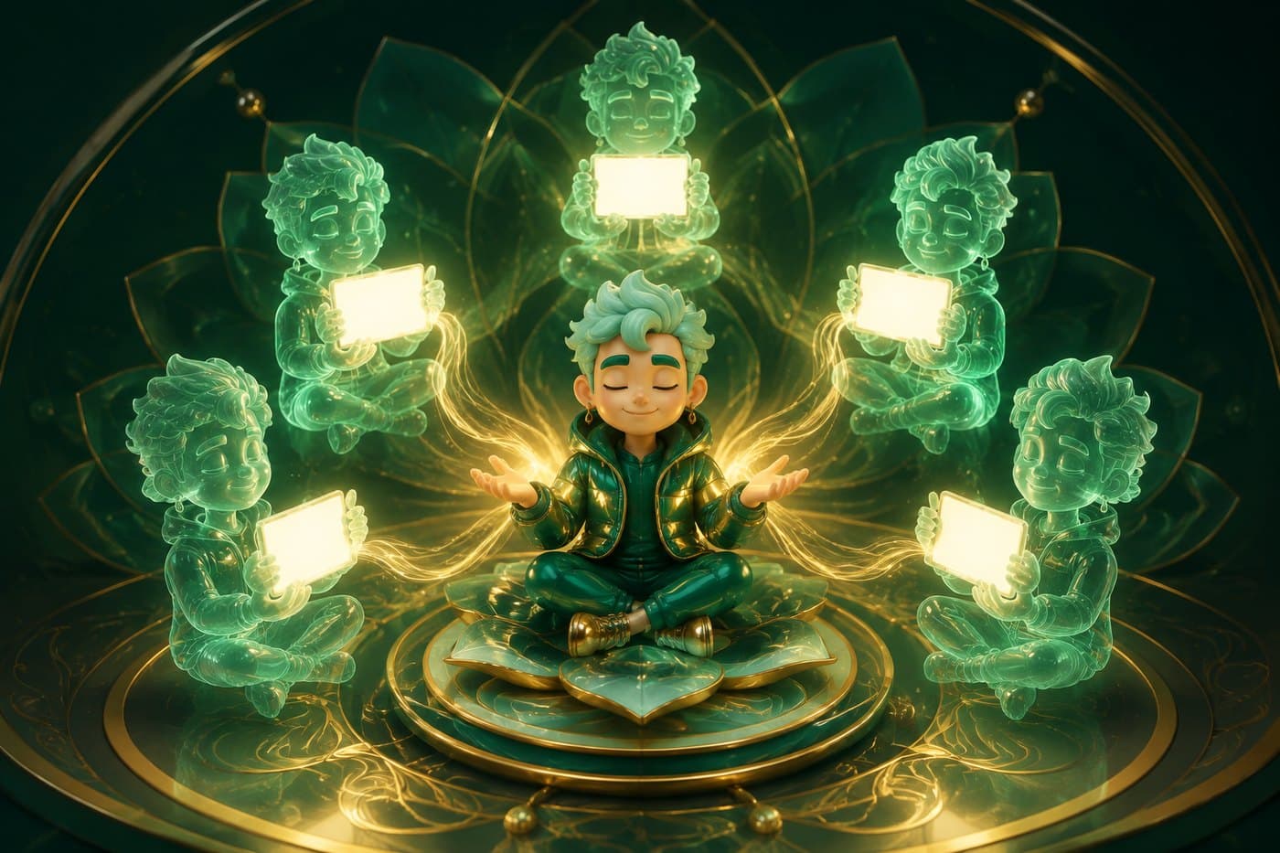 一人分出五个虚影,各自面对一块发光的屏