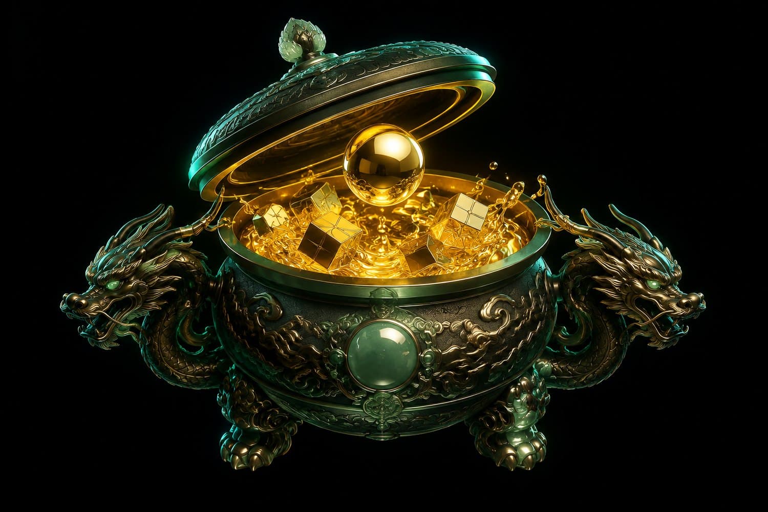 黑场中悬浮的丹炉,炉里翻滚着熔金与包裹,一颗金丹升起